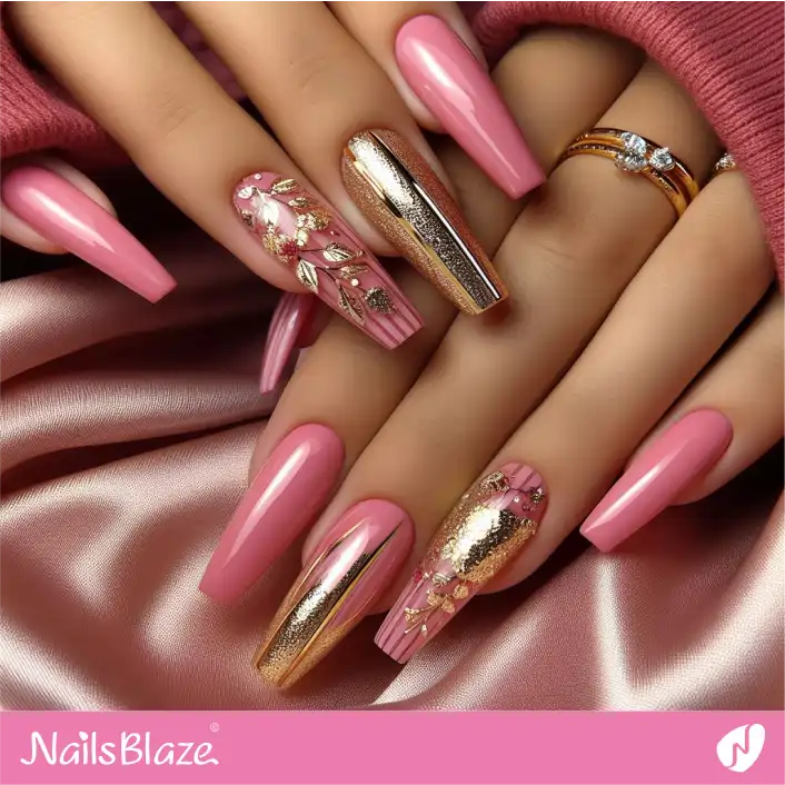 Luxury Hot Pink Nails with Gold Foil Design | Foil Nails - NB4086
